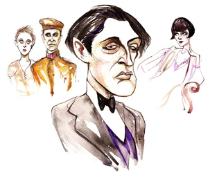 Alban Berg osztrák zeneszerző (1885-1935); két operájának szereplőivel karikírozva: Az 1925-ös Wozzeck és az 1935-ös Lulu.
